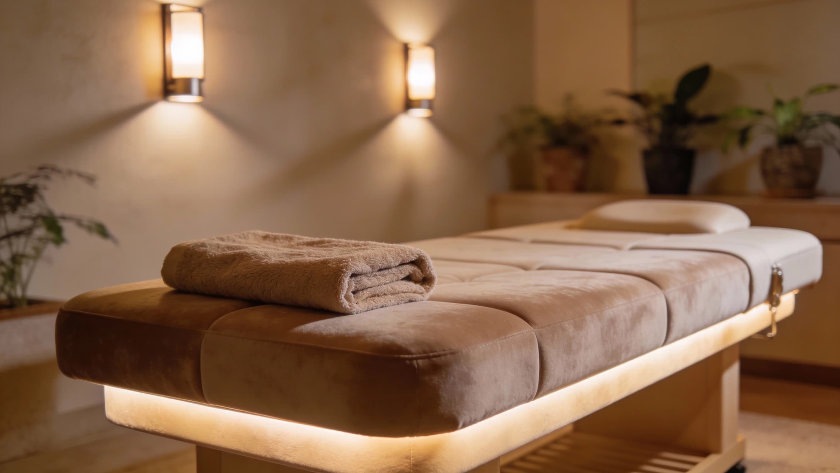 Table de massage dans une pièce cosy avec lumière chaude et lampes de sel